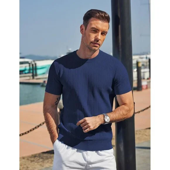 Men's Navy Blue Short Sleeve Knit Casual Crewneck Ribbed Dress Tee T-Shirts - Picture 3 of 6